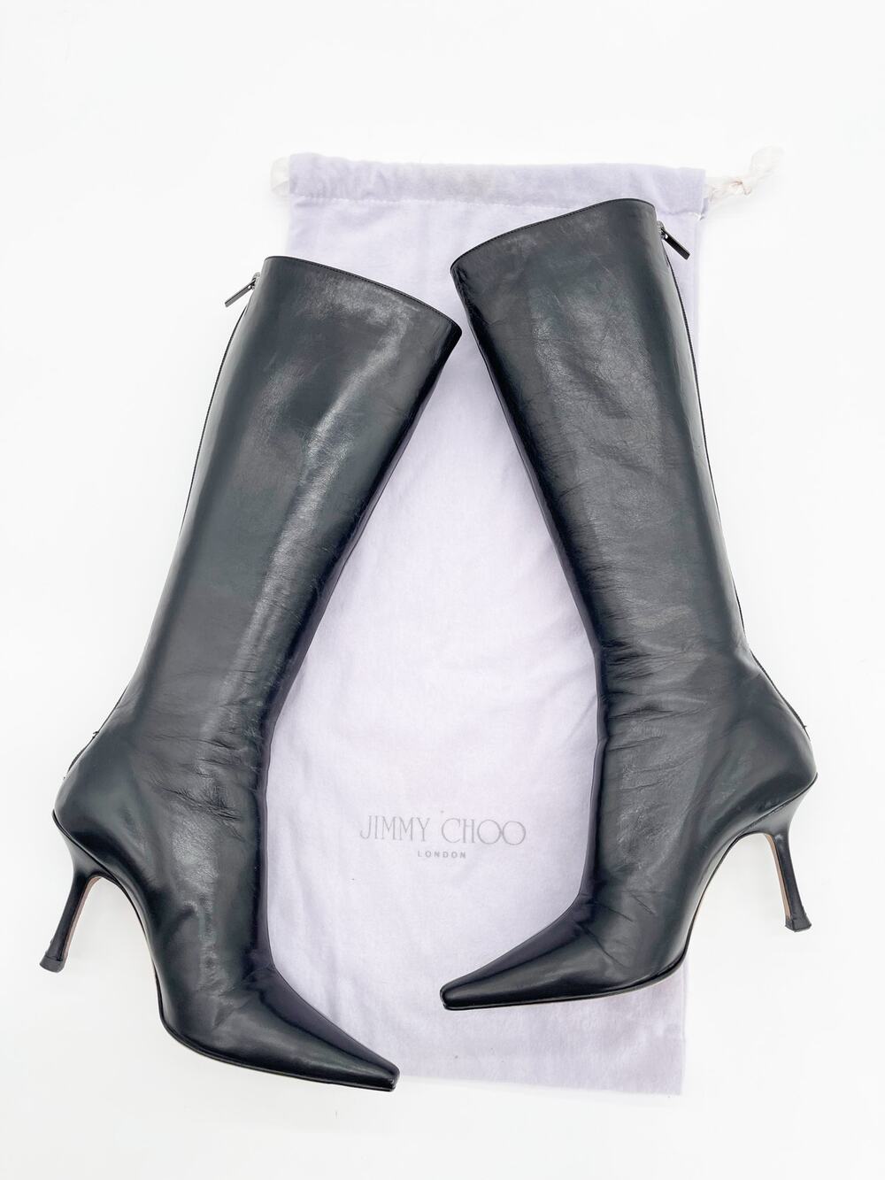 Jimmy Choo Peony Black Leather Pointed Square Toe Knee High Heeled Boot IT 36